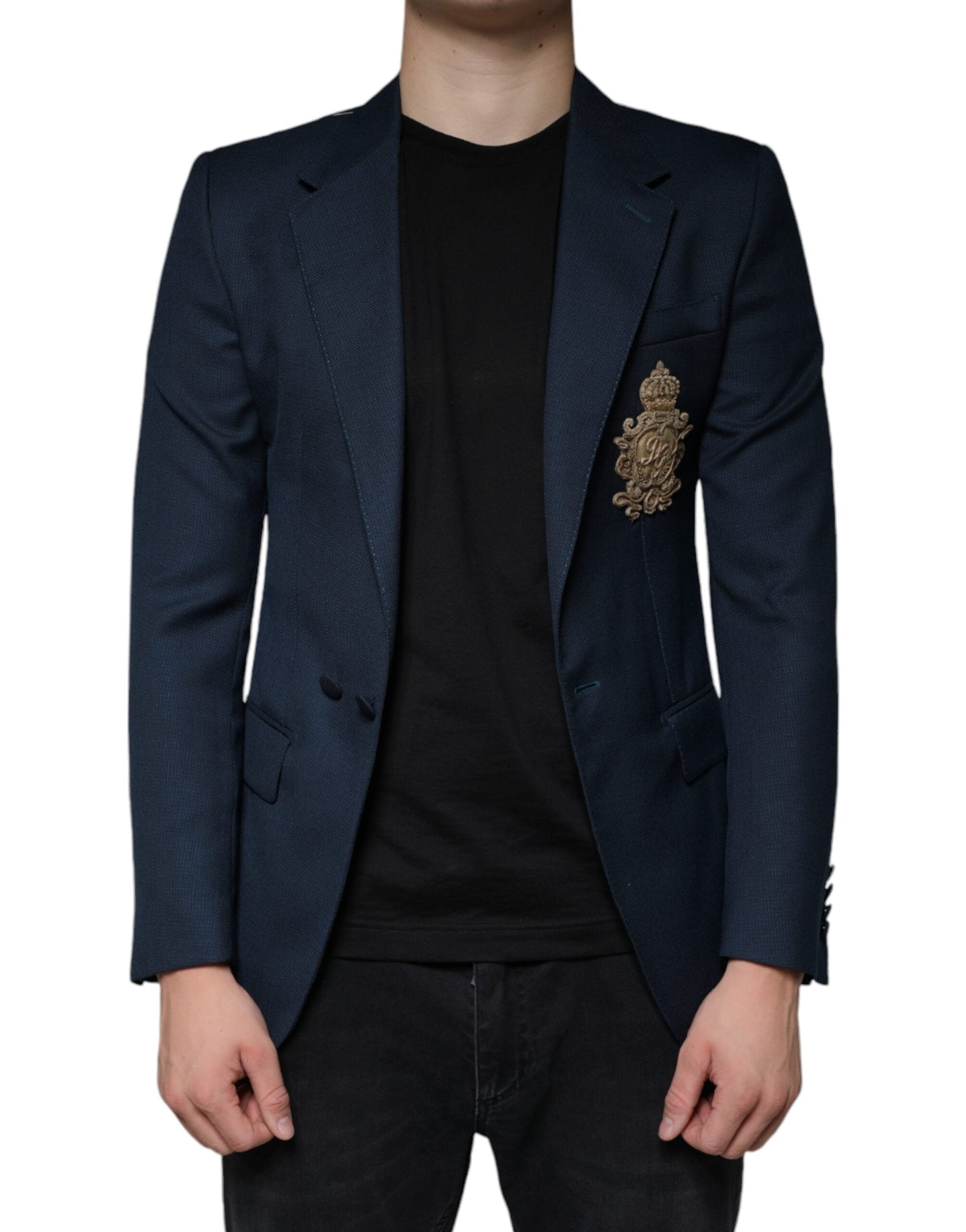 Dolce & Gabbana Blue Wool Logo Single Breasted Coat Men's Blazer ()