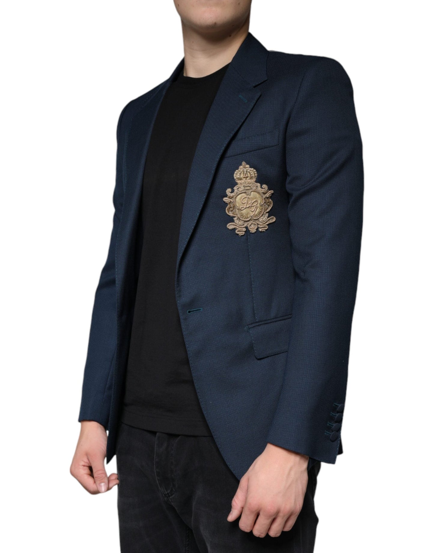 Dolce & Gabbana Blue Wool Logo Single Breasted Coat Men's Blazer ()