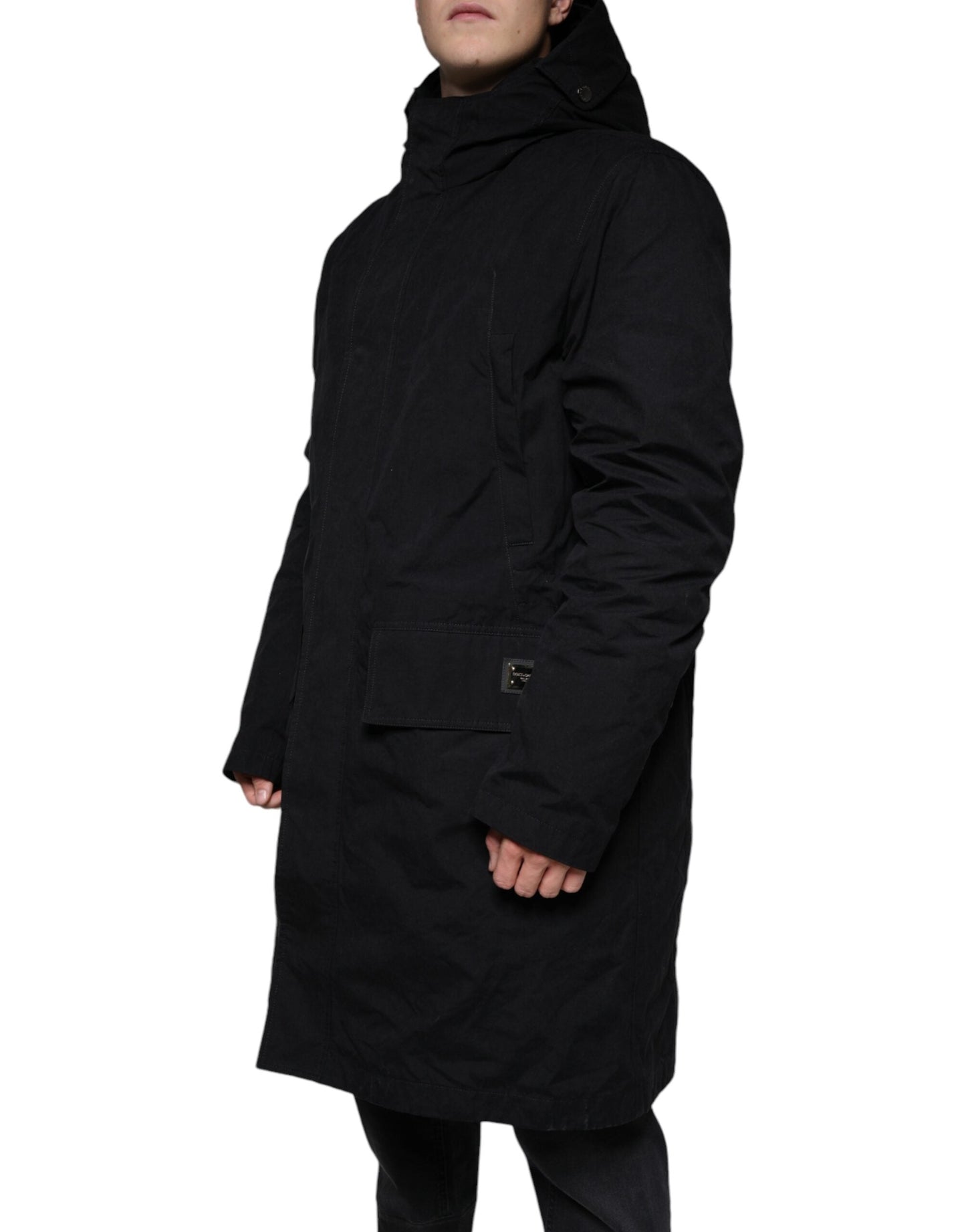 Dolce & Gabbana Black Hooded Parka Cotton Trench Coat Men's Jacket