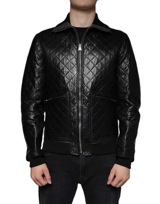 Dolce & Gabbana Black Calf Leather Quilted Full Zip Men's Jacket ()