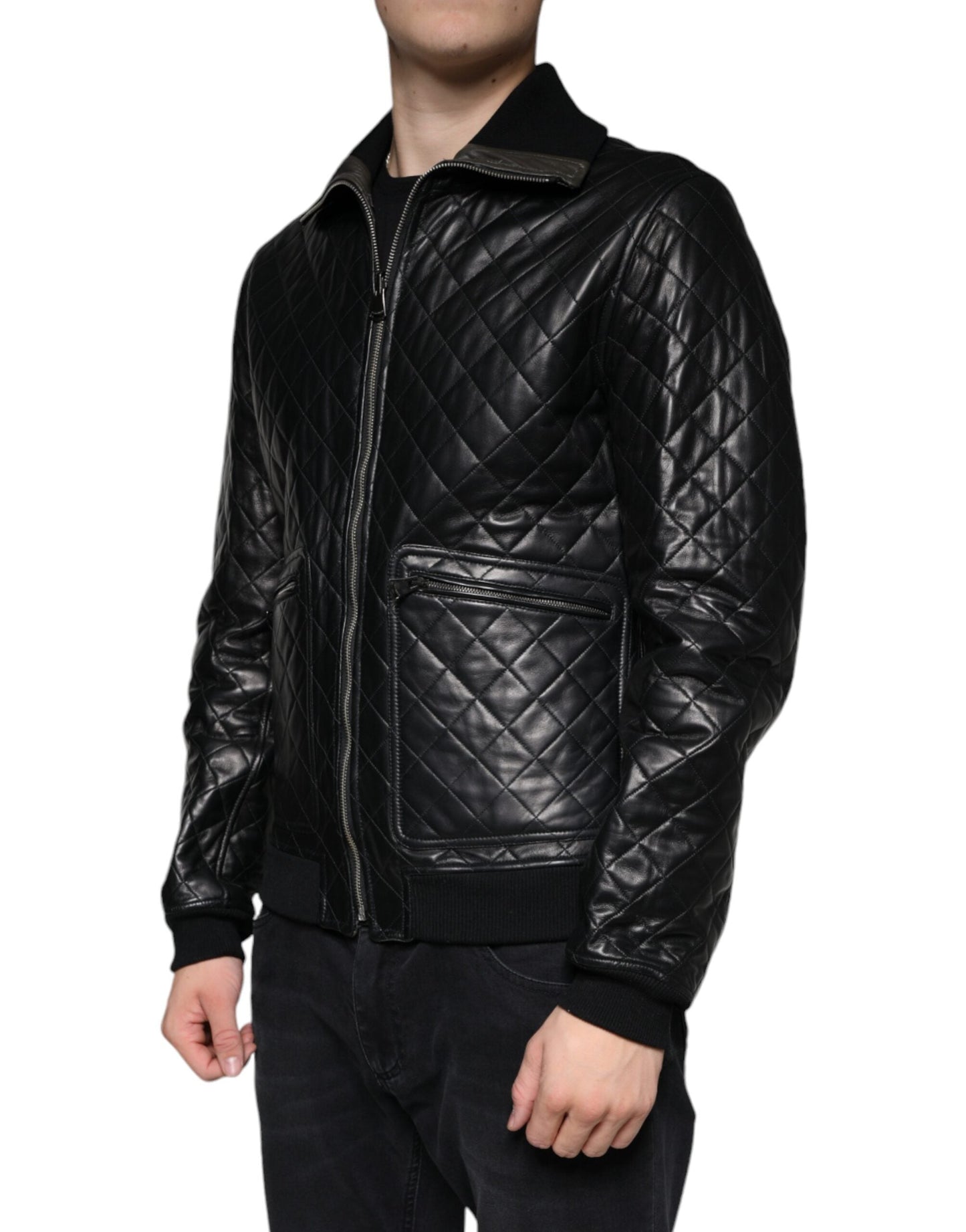 Dolce & Gabbana Black Calf Leather Quilted Full Zip Men's Jacket ()
