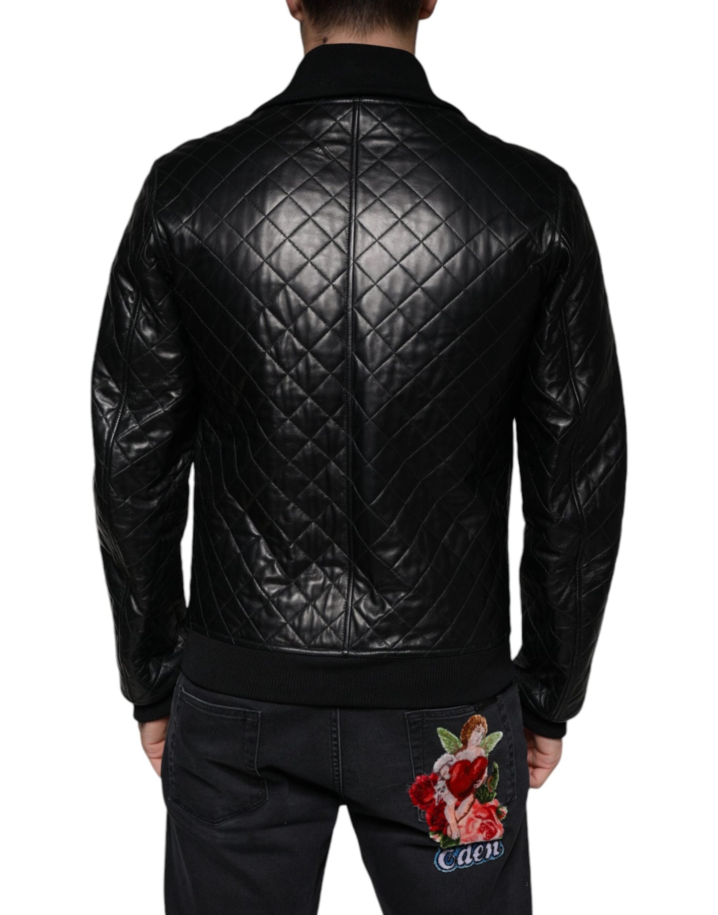 Dolce & Gabbana Black Calf Leather Quilted Full Zip Men's Jacket ()