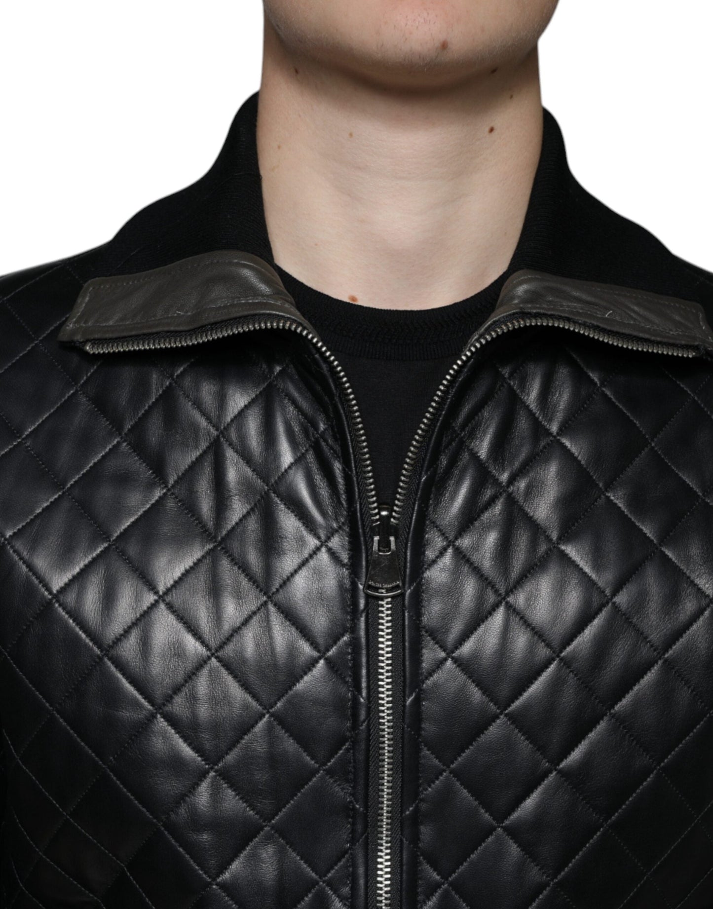 Dolce & Gabbana Black Calf Leather Quilted Full Zip Men's Jacket ()