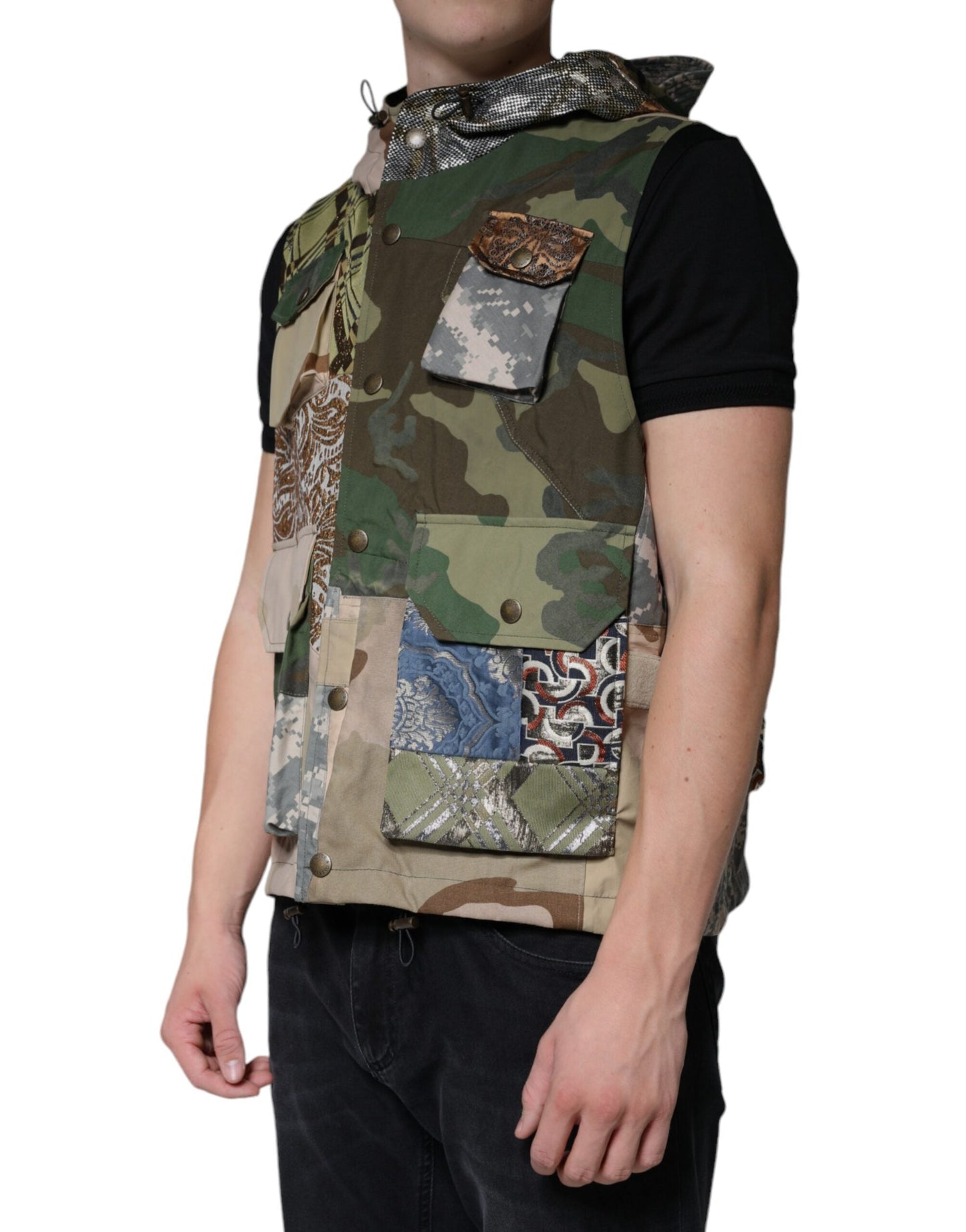 Dolce & Gabbana Multicolor Patchwork Hooded Vest Men's Jacket
