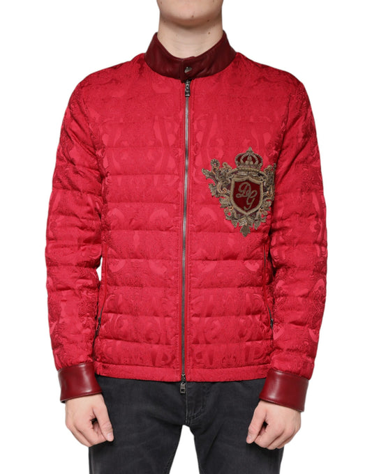 Dolce & Gabbana Red Quilted Bomber Gold Crown Logo Men's Jacket