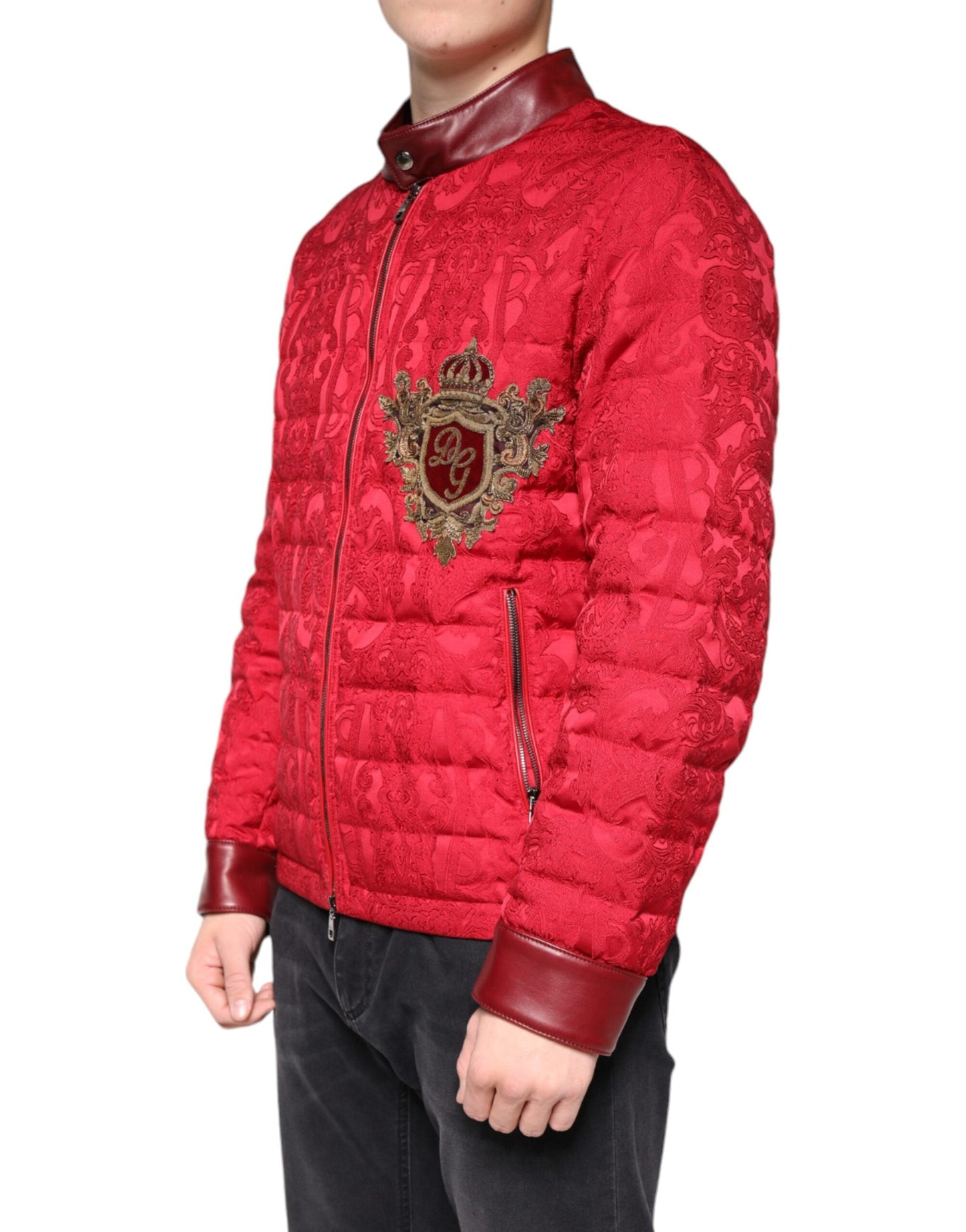 Dolce & Gabbana Red Quilted Bomber Gold Crown Logo Men's Jacket