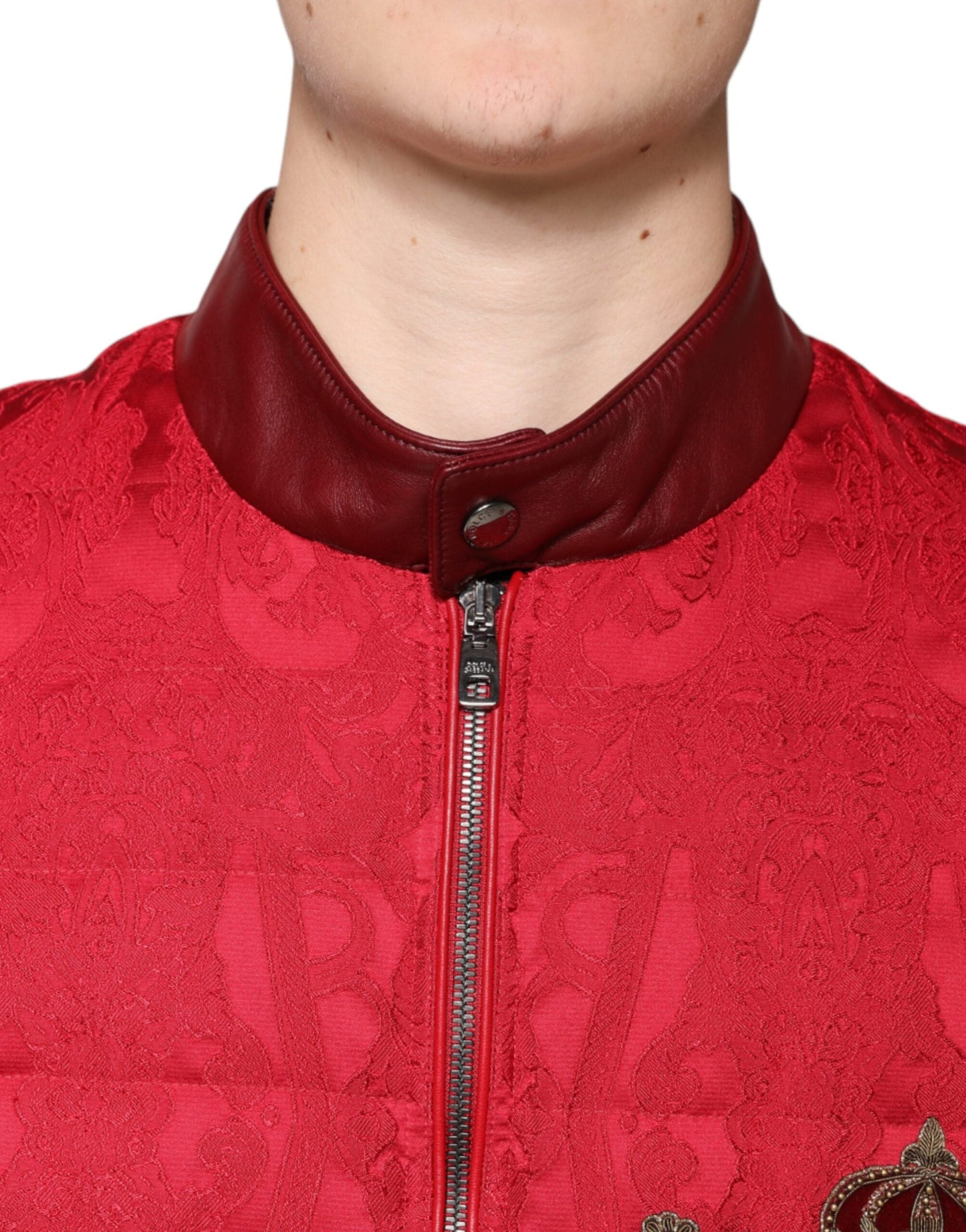 Dolce & Gabbana Red Quilted Bomber Gold Crown Logo Men's Jacket
