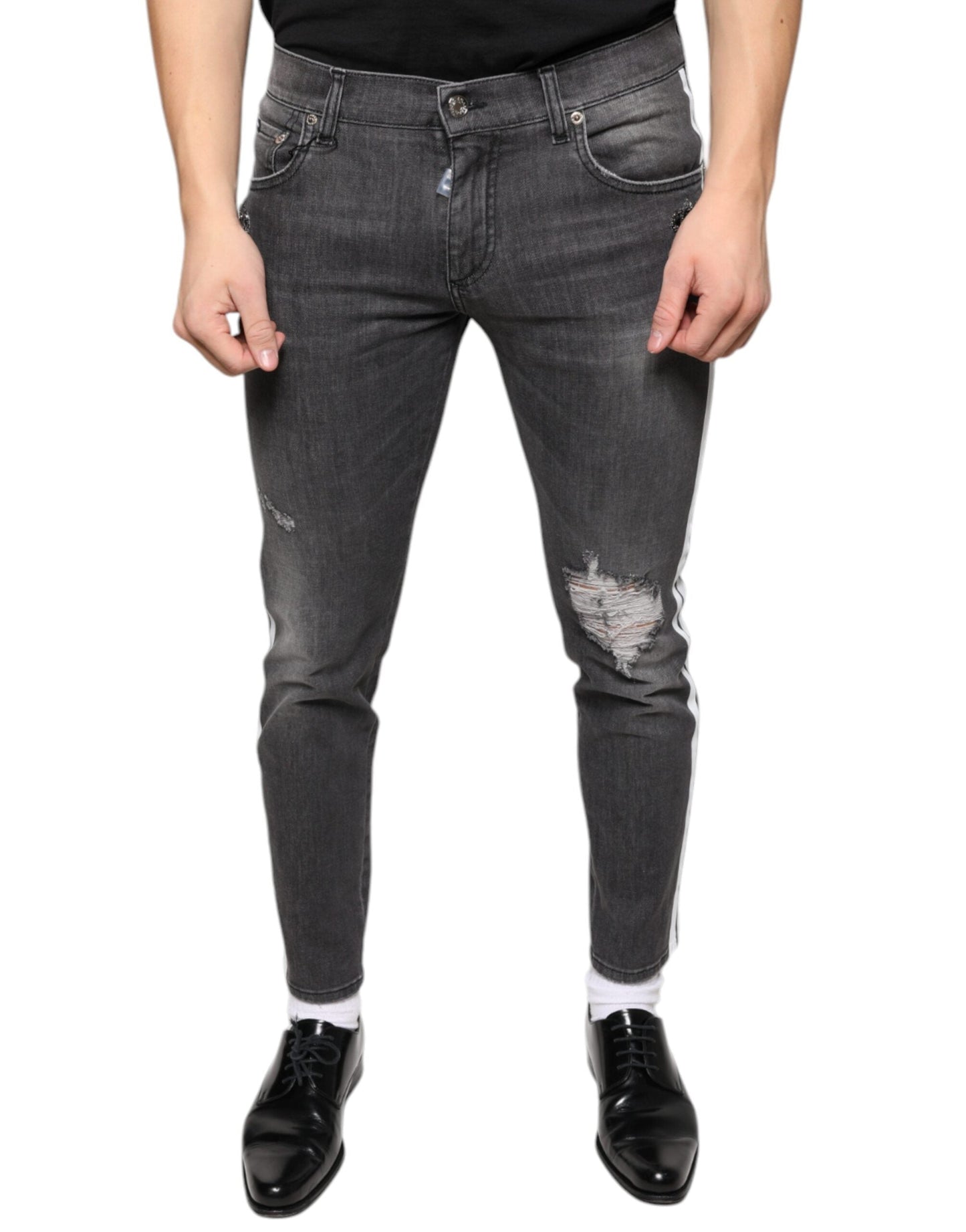 Dolce & Gabbana Black Tattered Cotton Skinny Men Denim Men's Jeans ()