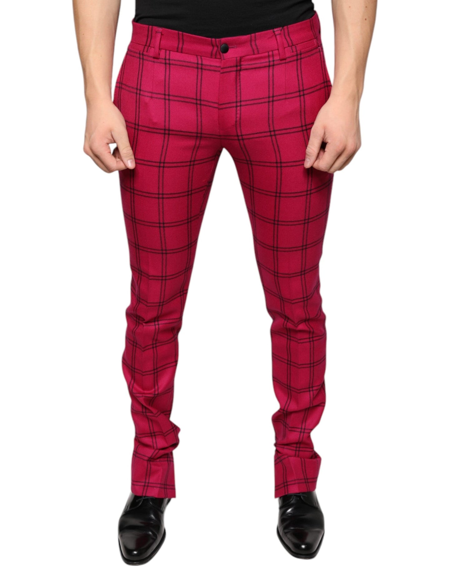 Dolce & Gabbana Pink Checkered Wool Skinny Men's Pants