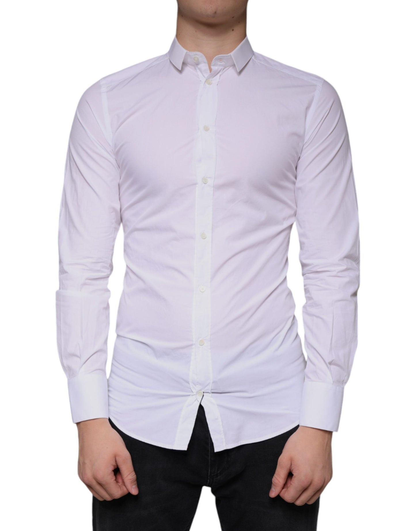 Dolce & Gabbana White Cotton Dress GOLD Formal Collared Men's Shirt
