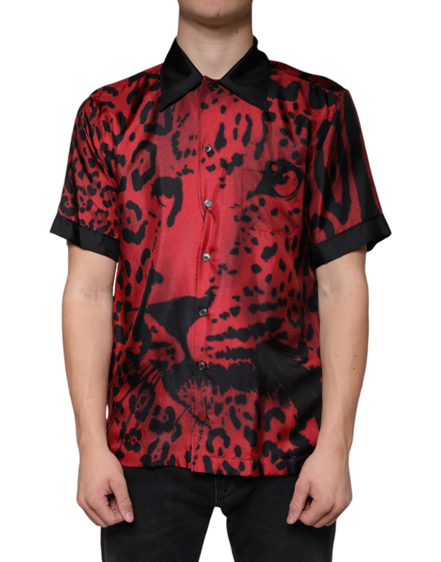 Dolce & Gabbana Red Leopard Silk Button Down Casual Men's Shirt