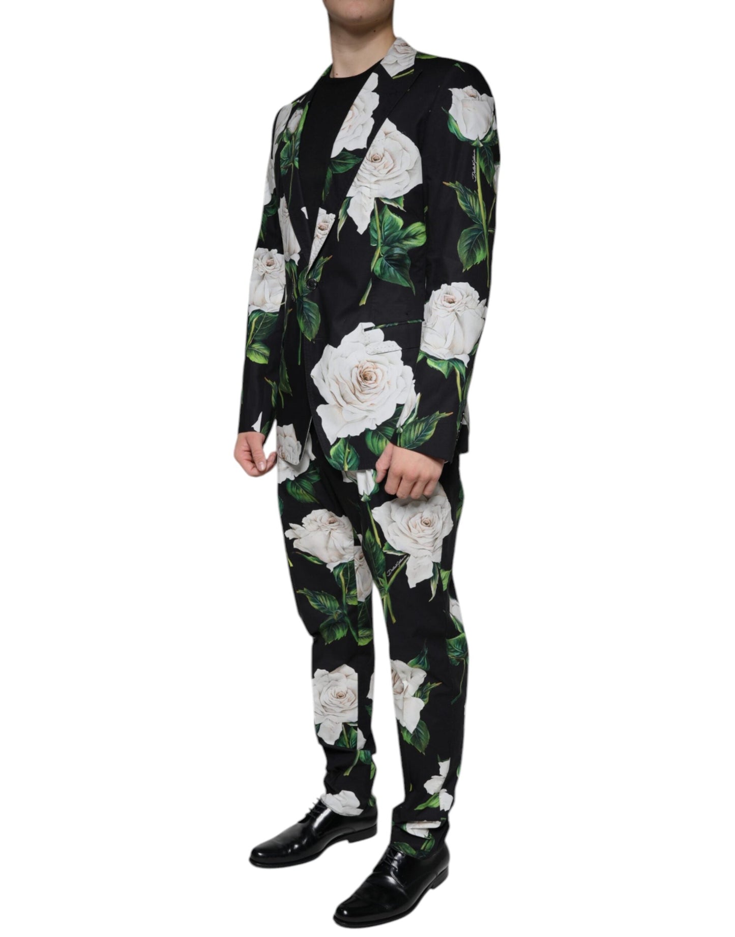 Dolce & Gabbana Black Rose Cotton Men Formal 2 Piece Men's Suit