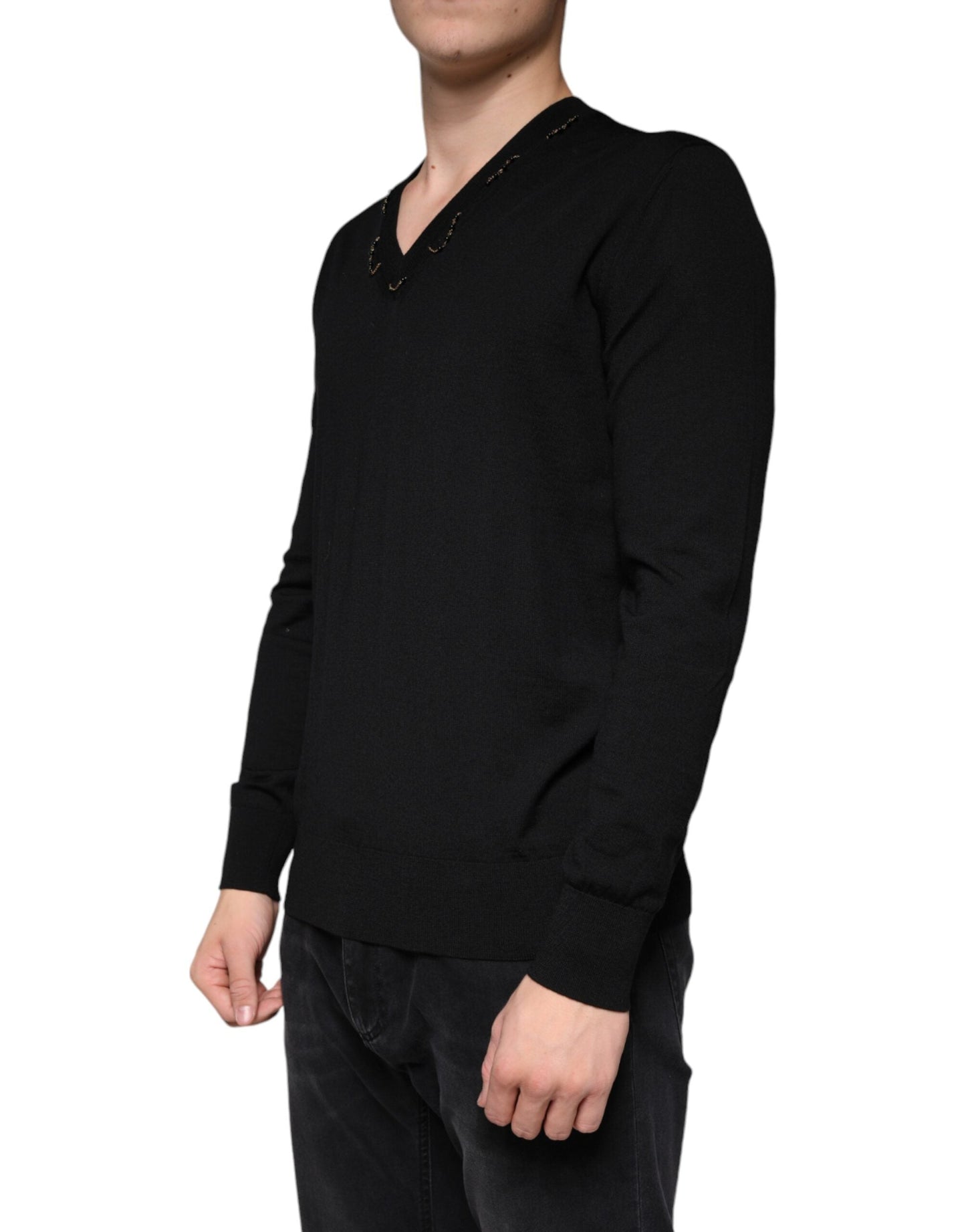 Dolce & Gabbana Black Embellished V-neck Pullover Men's Sweater