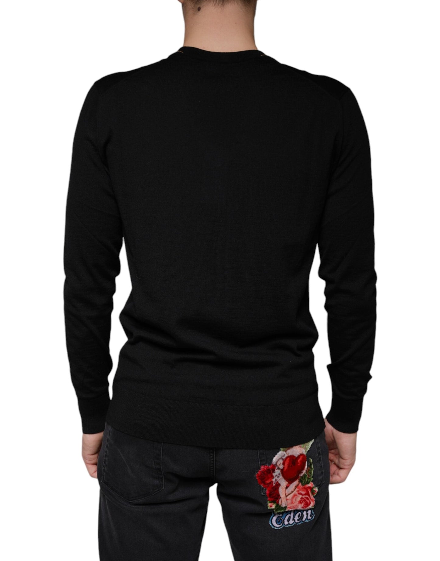 Dolce & Gabbana Black Embellished V-neck Pullover Men's Sweater
