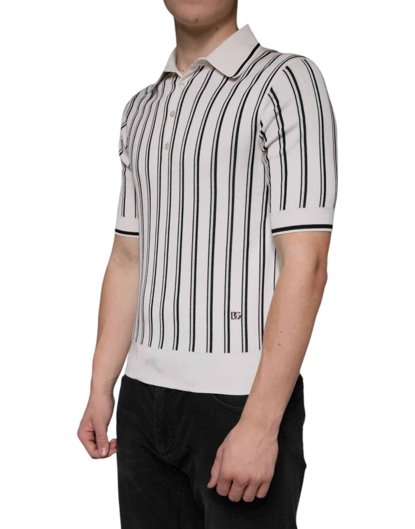 Dolce & Gabbana White Black Stripe Polo Short Sleeve Men's T-shirt