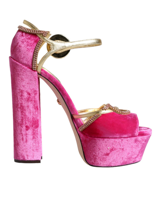 Dolce & Gabbana Pink Velvet Platform Ankle Strap Heel Sandals Women's Shoes ()