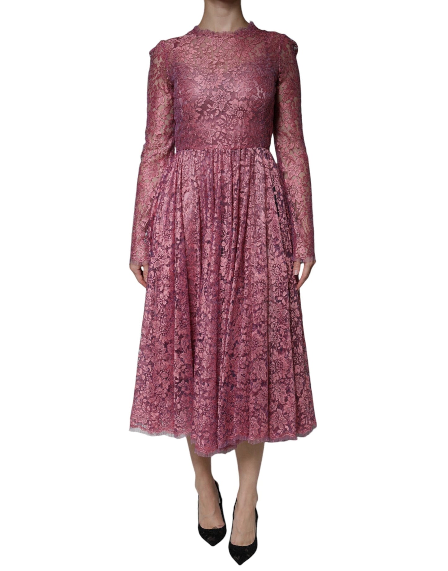 Dolce & Gabbana Fuchsia Floral Lace Long Sleeve Maxi Women's Dress ()