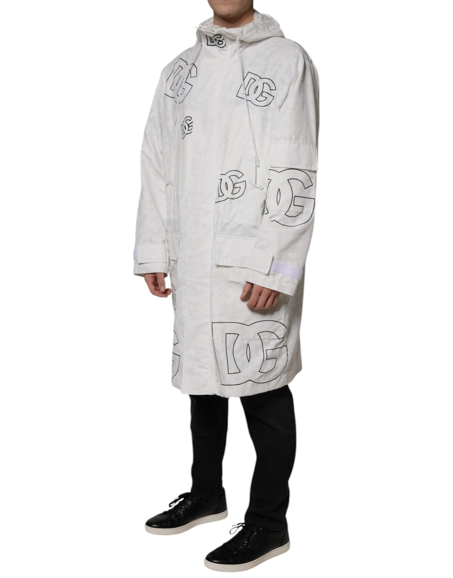Dolce & Gabbana White Hooded Parka Polyester Trench Coat Men's Jacket ()