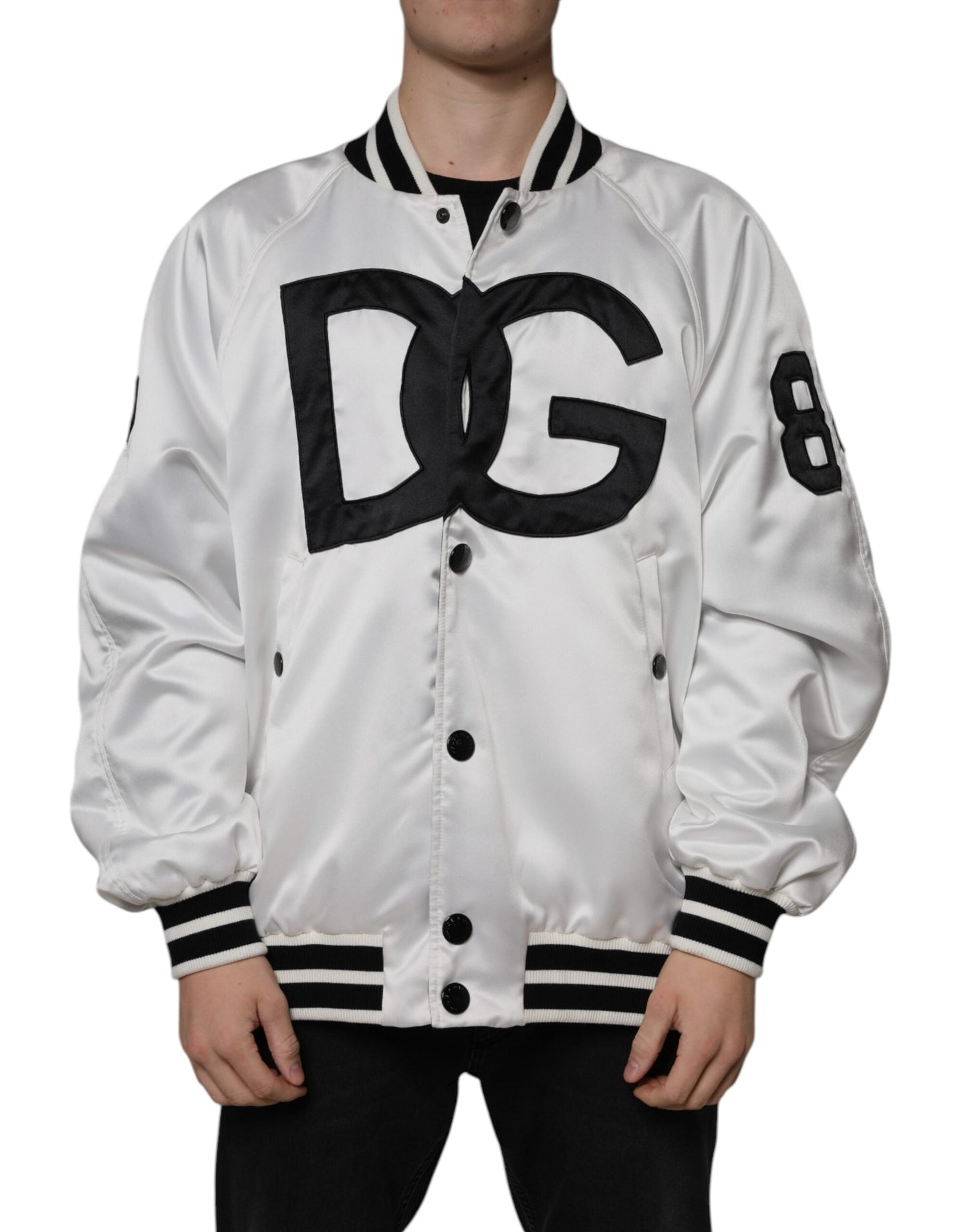Dolce & Gabbana White Polyester Logo Full Zip Bomber Men's Jacket