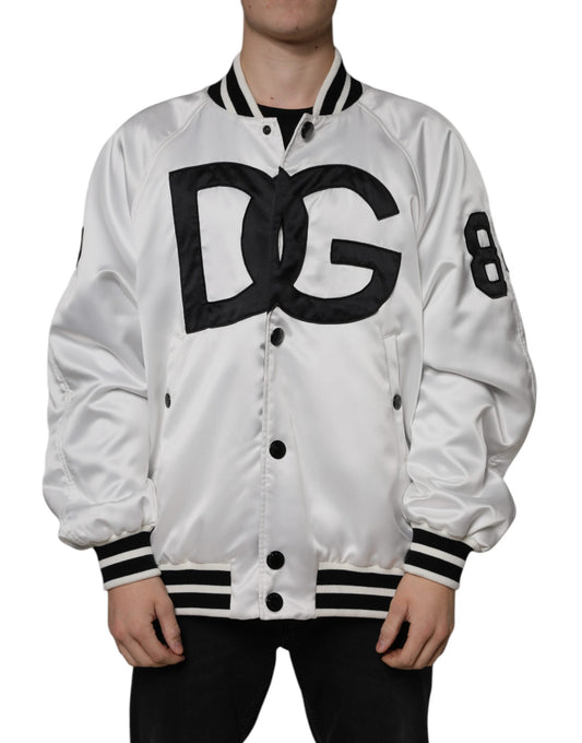 Dolce & Gabbana White Polyester Logo Full Zip Bomber Men's Jacket