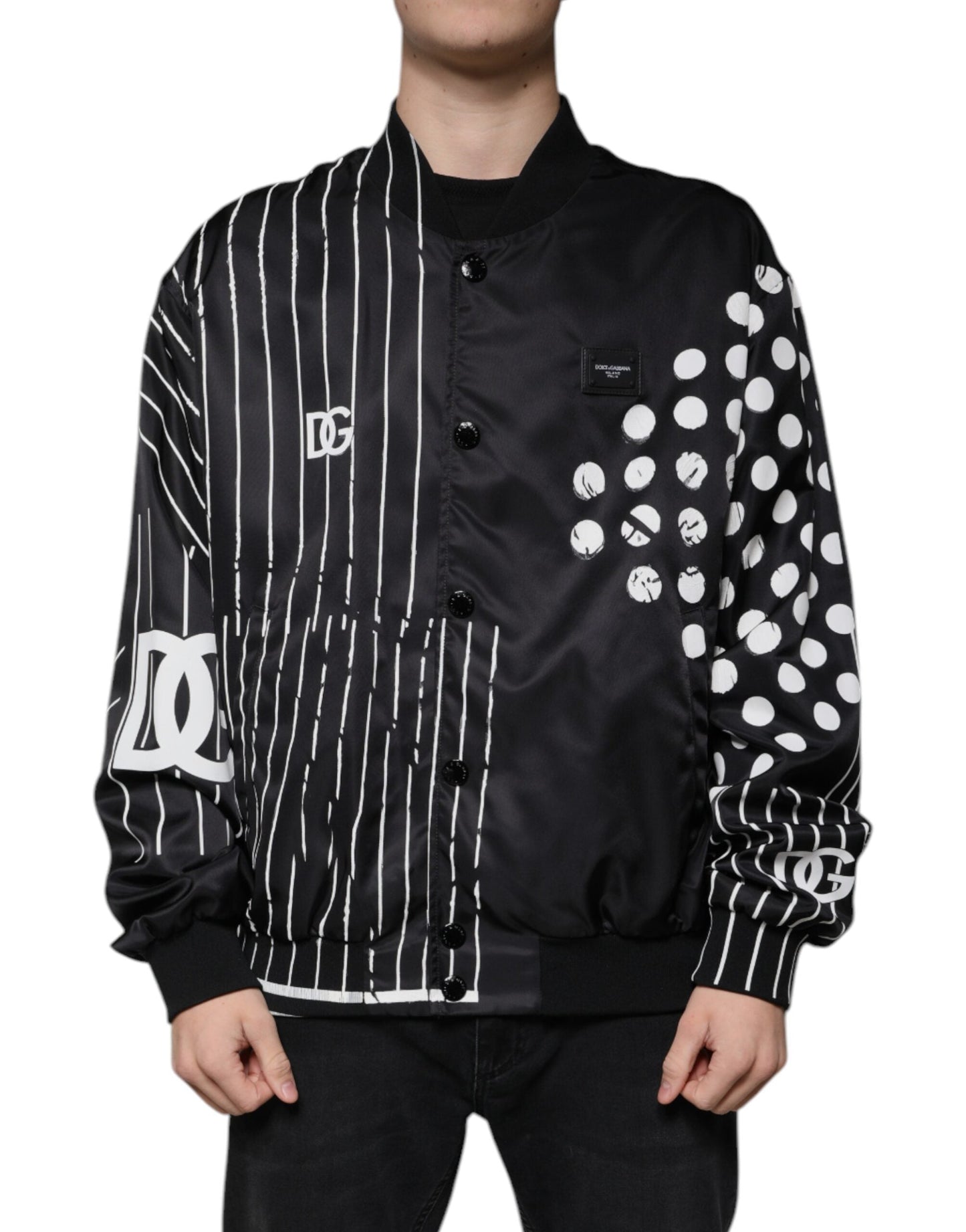 Dolce & Gabbana Black Polka Dot Stripe Nylon Bomber Men's Jacket