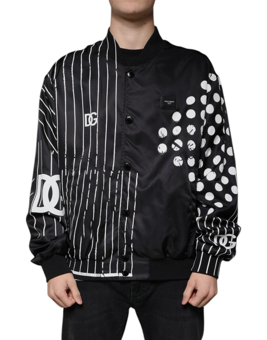 Dolce & Gabbana Black Polka Dot Stripe Nylon Bomber Men's Jacket