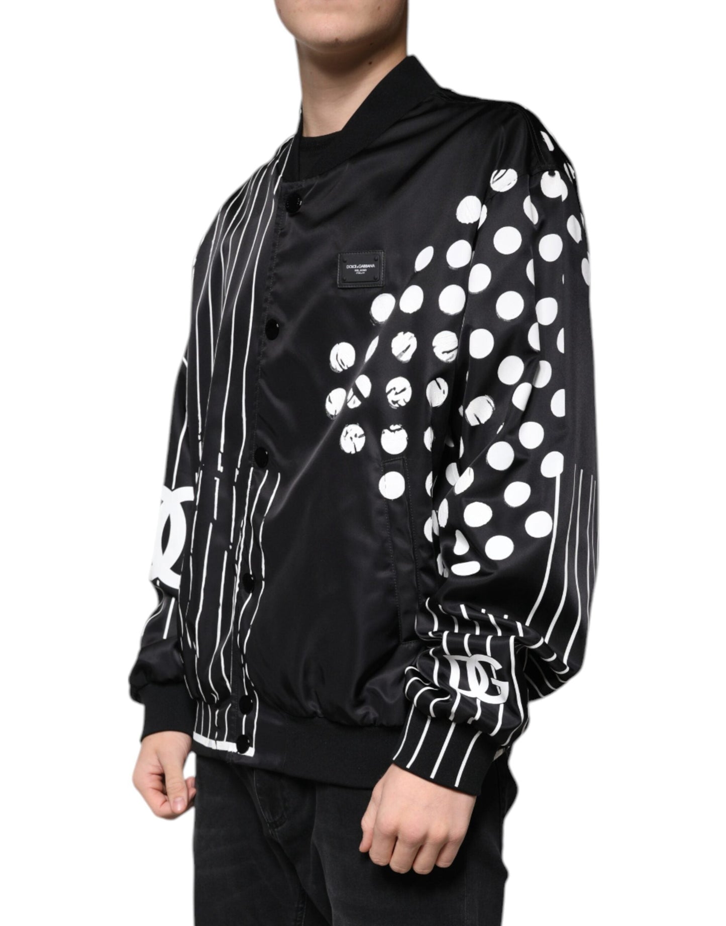 Dolce & Gabbana Black Polka Dot Stripe Nylon Bomber Men's Jacket