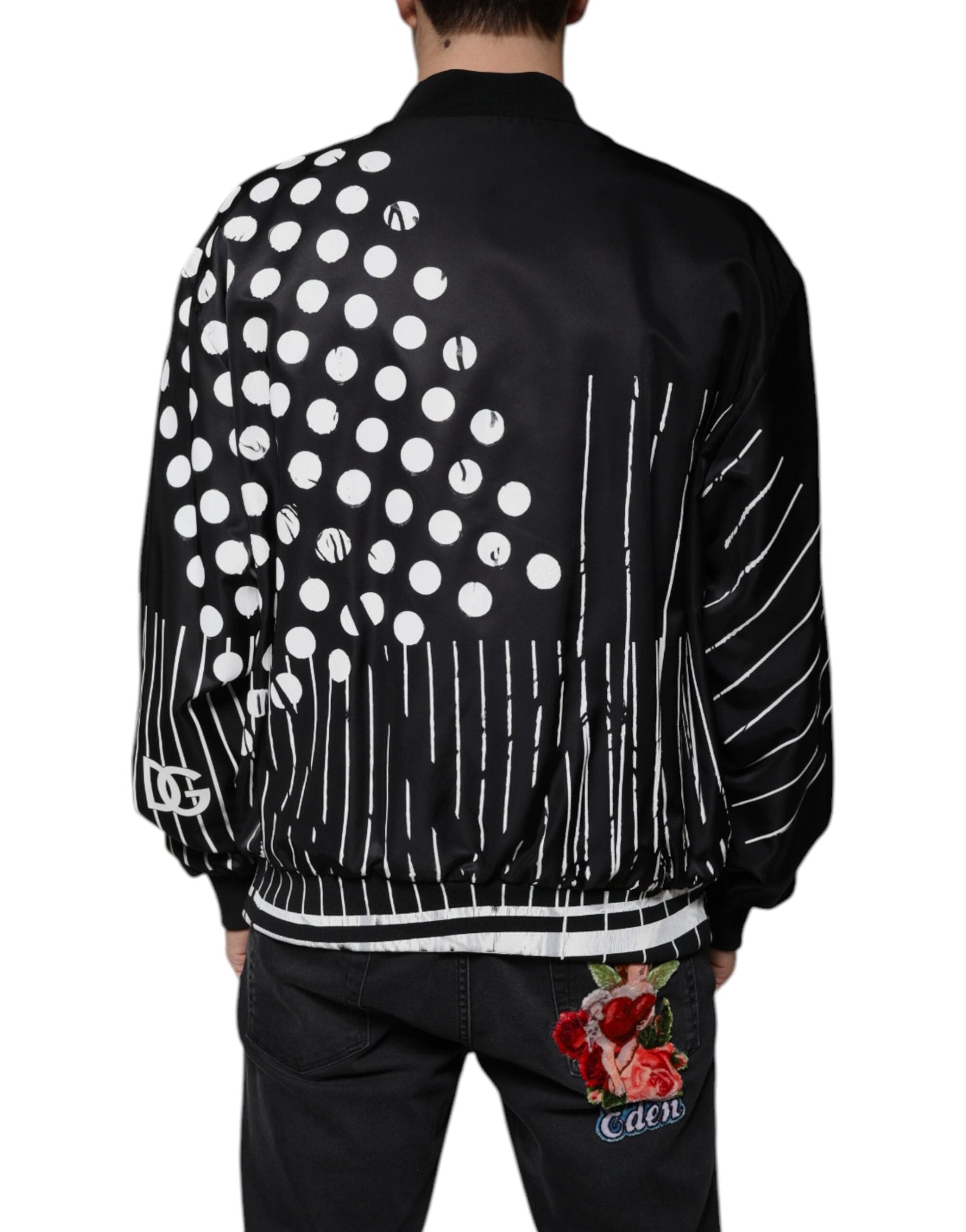 Dolce & Gabbana Black Polka Dot Stripe Nylon Bomber Men's Jacket