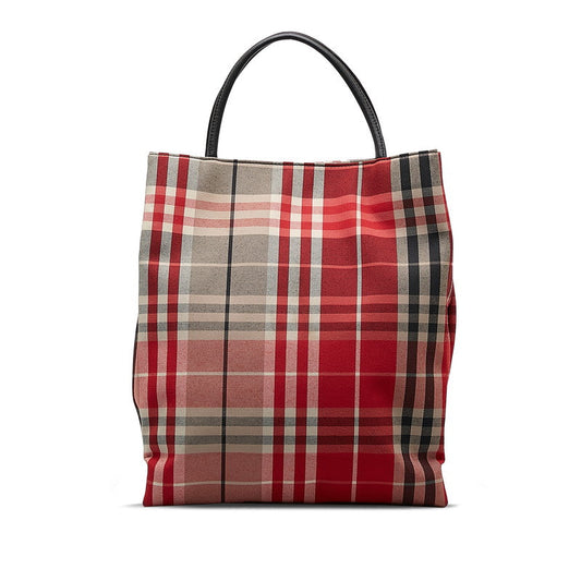 Burberry Nova Check Tote Bag Red Beige Canvas Leather Ladies