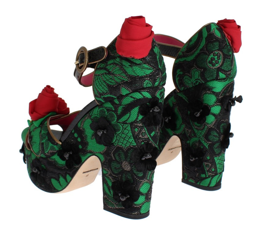 Dolce & Gabbana Green Brocade Snakeskin Roses Crystal Women's Shoes