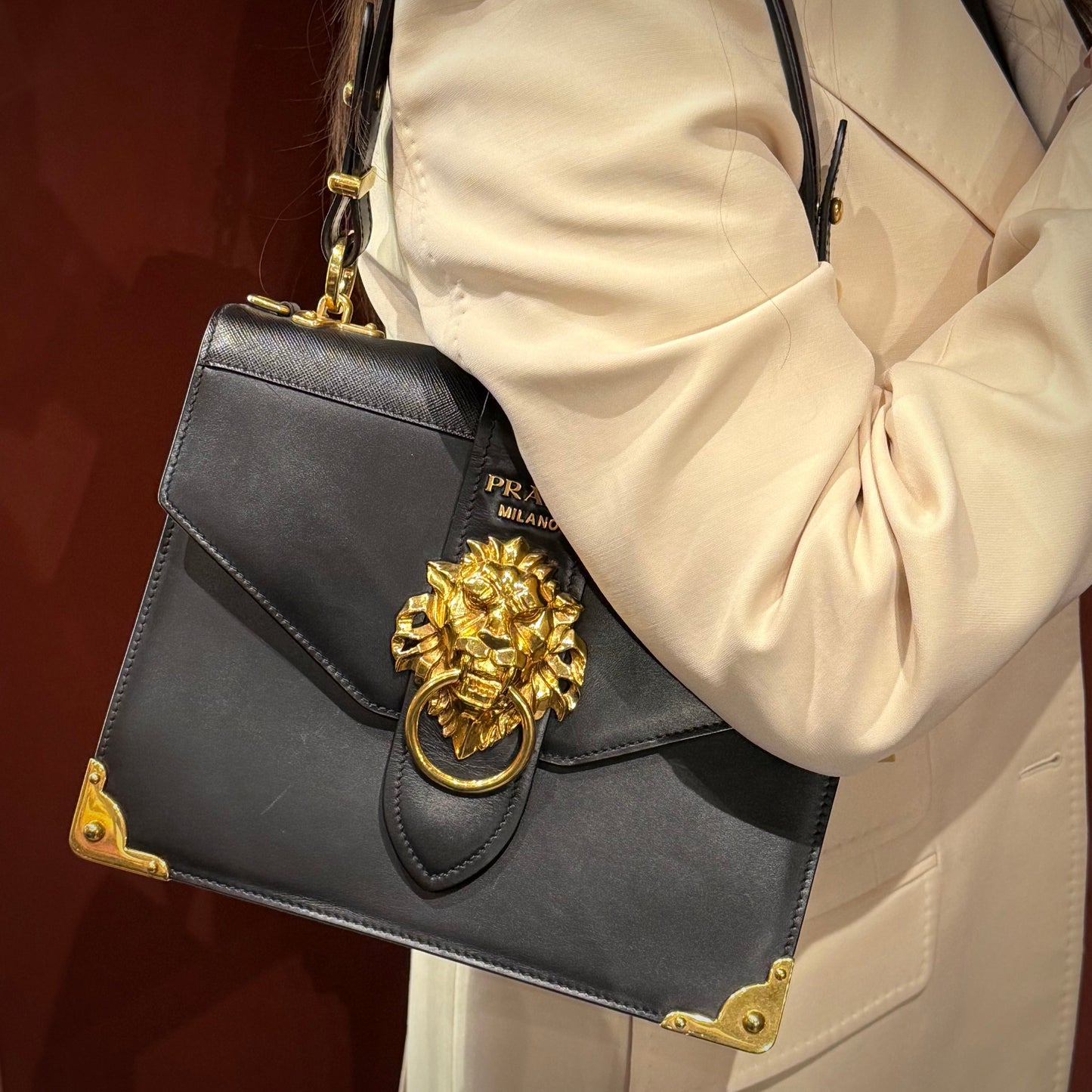 Prada Soft Saffiano Lions Head Cahier Shoulder Bag