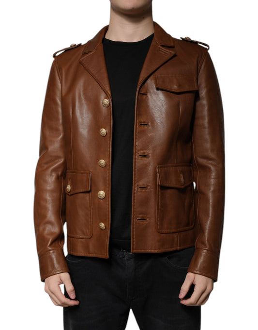 Dolce & Gabbana Brown Calfskin Leather Button Down Men's Jacket ()