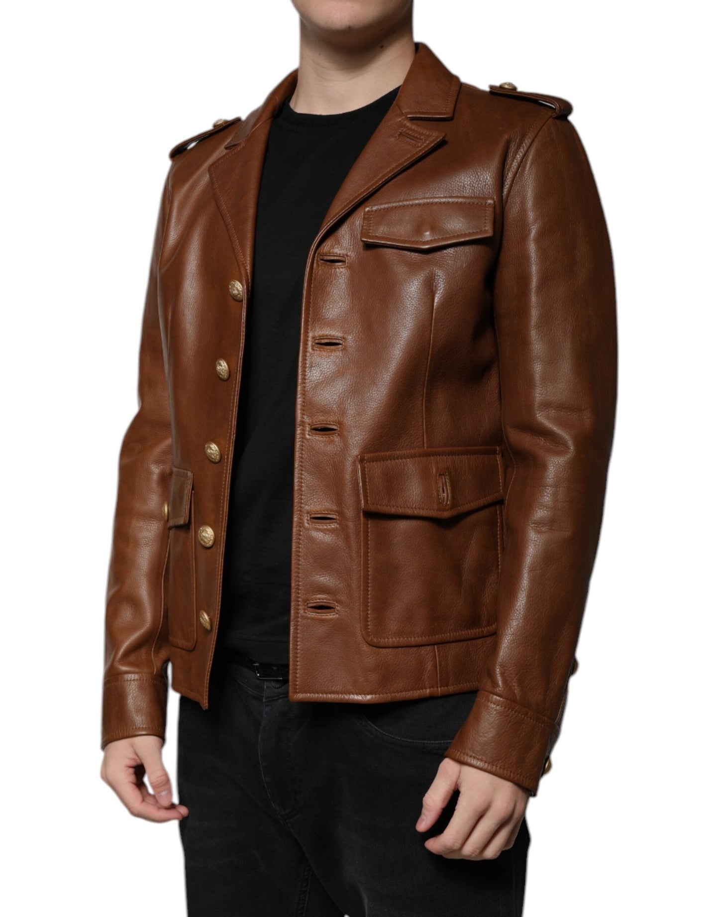 Dolce & Gabbana Brown Calfskin Leather Button Down Men's Jacket ()