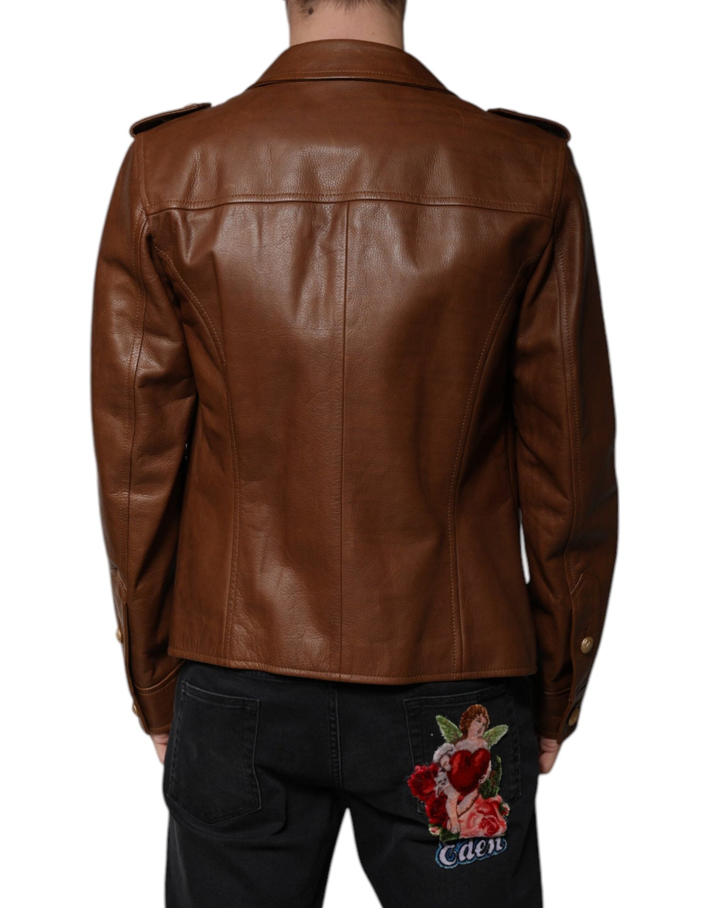 Dolce & Gabbana Brown Calfskin Leather Button Down Men's Jacket ()