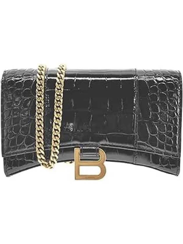 Balenciaga Hourglass Chain Crocodile Embossed Calfskin Medium Wallet Black