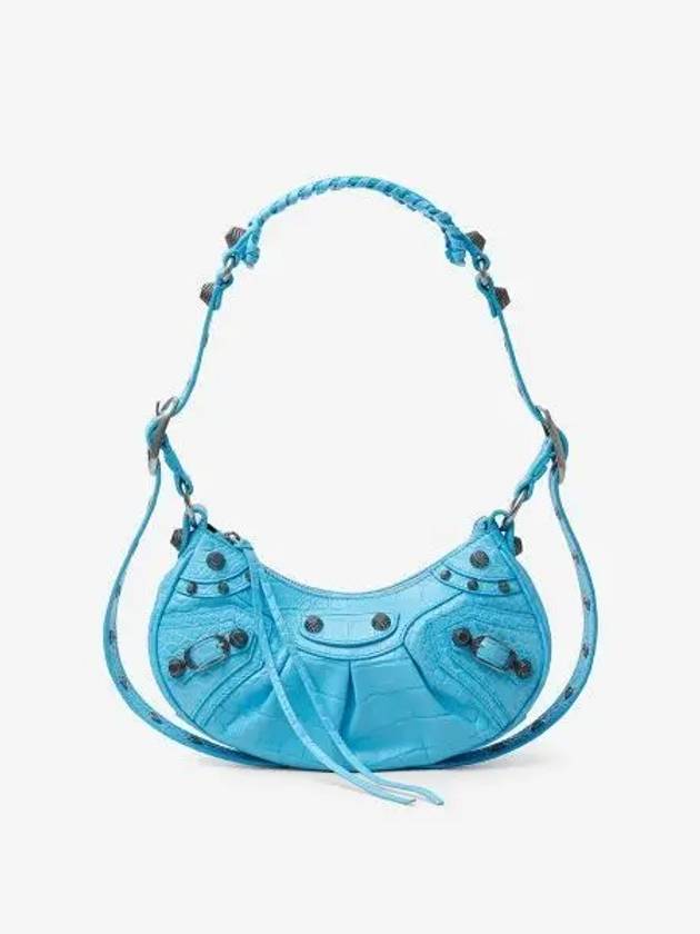 Balenciaga Le Cagole XS  Crocodile Embossed Shoulder Bag Blue Sky