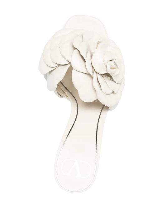 Valentino Garavani Floral Appliqué Leather Mules 37 Ivory