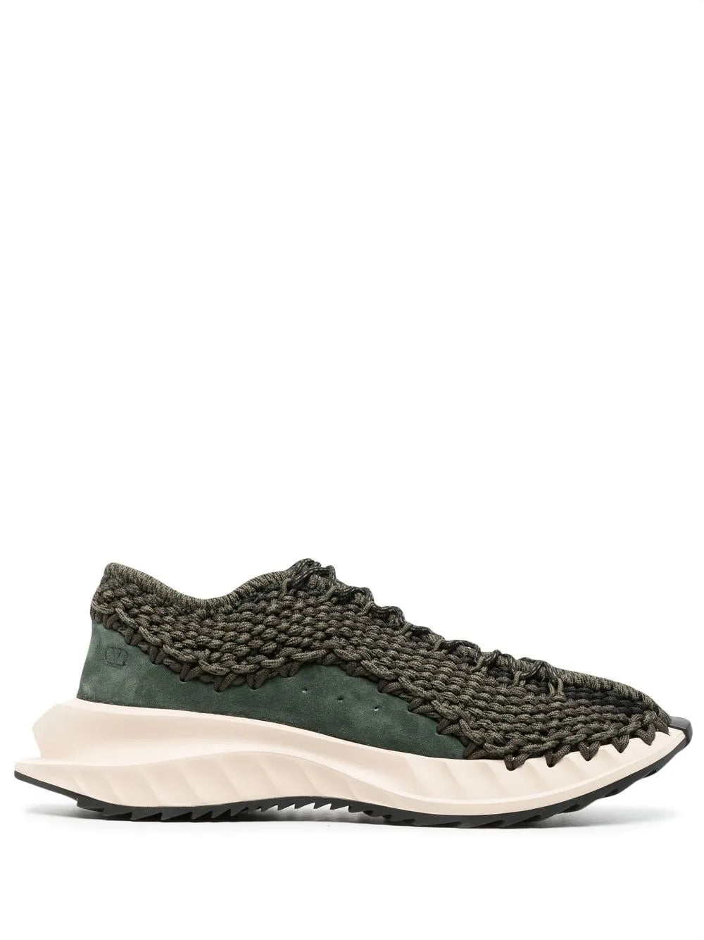 Valentino Garavani Crochet-Design Lace-Up Sneakers 44 Green,Brushwood,Blac