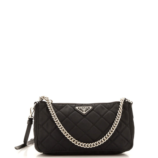 Prada Chain Zip Shoulder Bag Quilted Tessuto Small