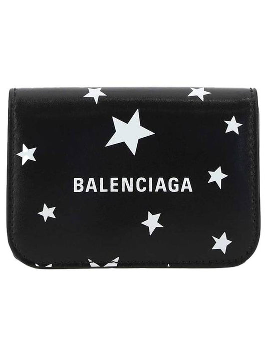 Balenciaga Star Logo Print Tri-Fold Half Wallet Black