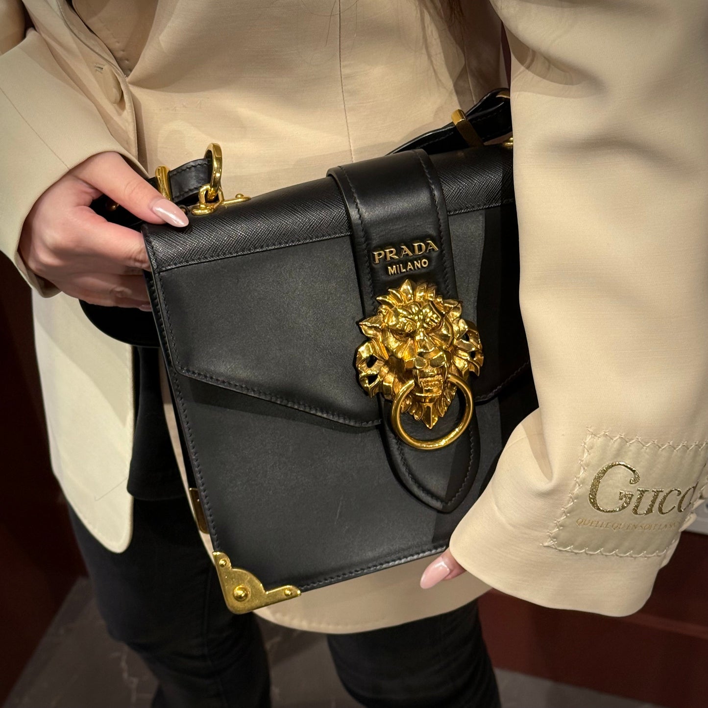 Prada Soft Saffiano Lions Head Cahier Shoulder Bag