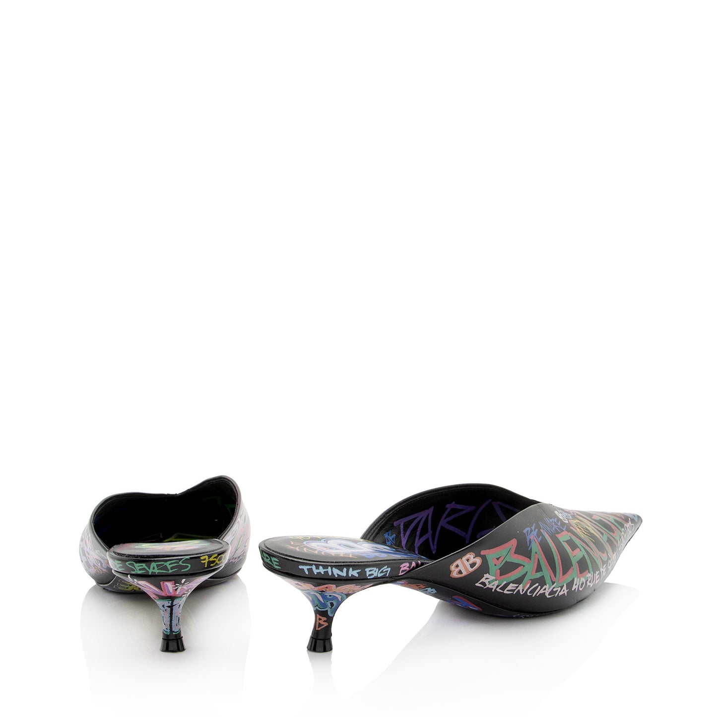 Balenciaga Leather Graffiti Knife Kitten Heel Mules - Size 8 / 38 (SHF-o5LLj3)