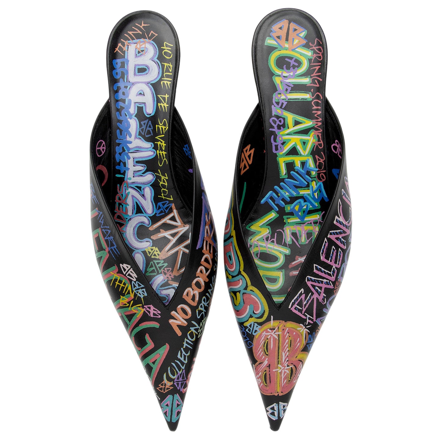 Balenciaga Leather Graffiti Knife Kitten Heel Mules - Size 8 / 38 (SHF-o5LLj3)