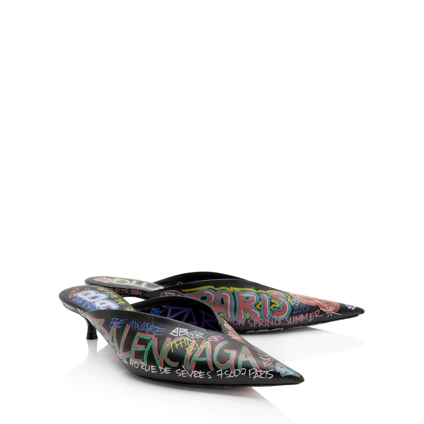 Balenciaga Leather Graffiti Knife Kitten Heel Mules - Size 8 / 38 (SHF-o5LLj3)