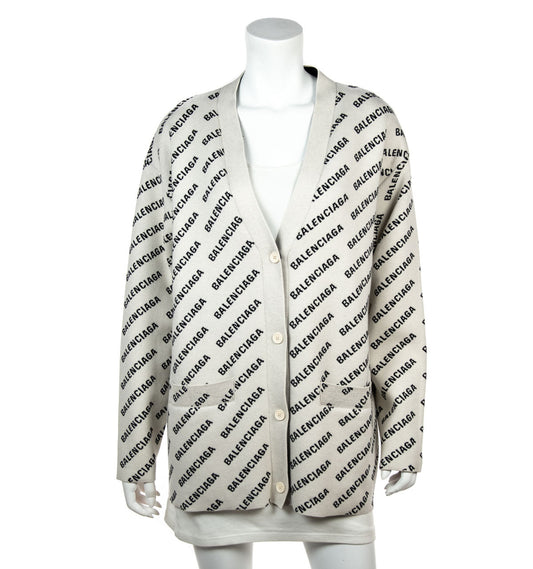 Balenciaga Beige & Black Logo Intarsia Knit V-Neck Cardigan Size XXL