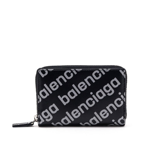 Balenciaga Black & Silver Diagonal Logo Calfskin Zip Around Compact Wallet