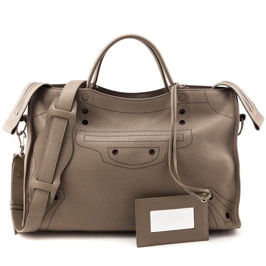 Balenciaga Greige Calfskin Blackout Hardware Perforated City Bag
