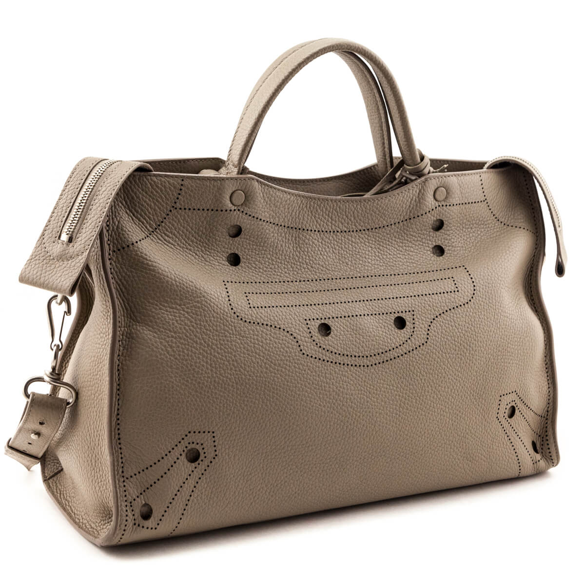 Balenciaga Greige Calfskin Blackout Hardware Perforated City Bag