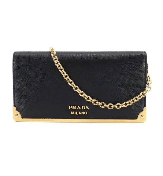 PRADA - Saffiano Black Leather Chain Wallet