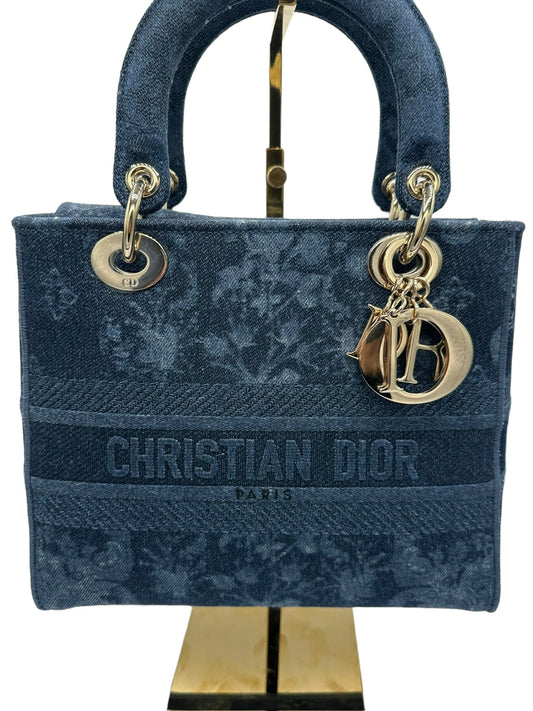 DIOR - Denim Flowers Embroidered Medium Lady Dior